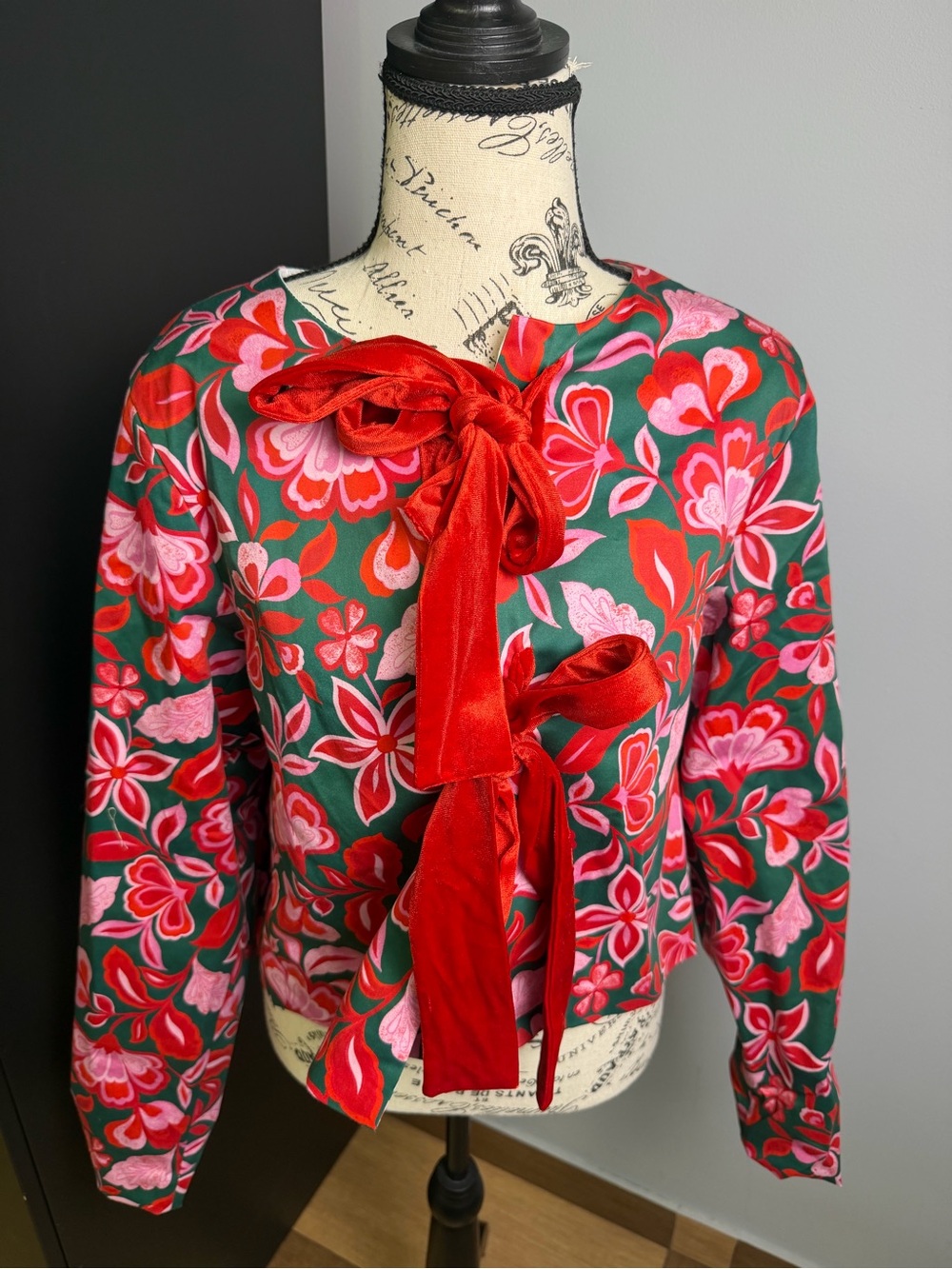 PROSPERINA GALA GREEN & PINK COTTON FLORAL PRINT BOW JACKET NWT Size M